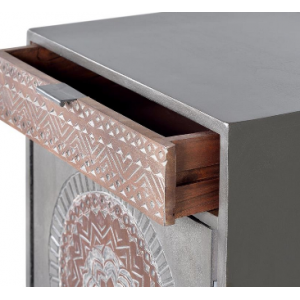 WOOD MANDALA Mesita madera de mango y patas de metal gris y marron